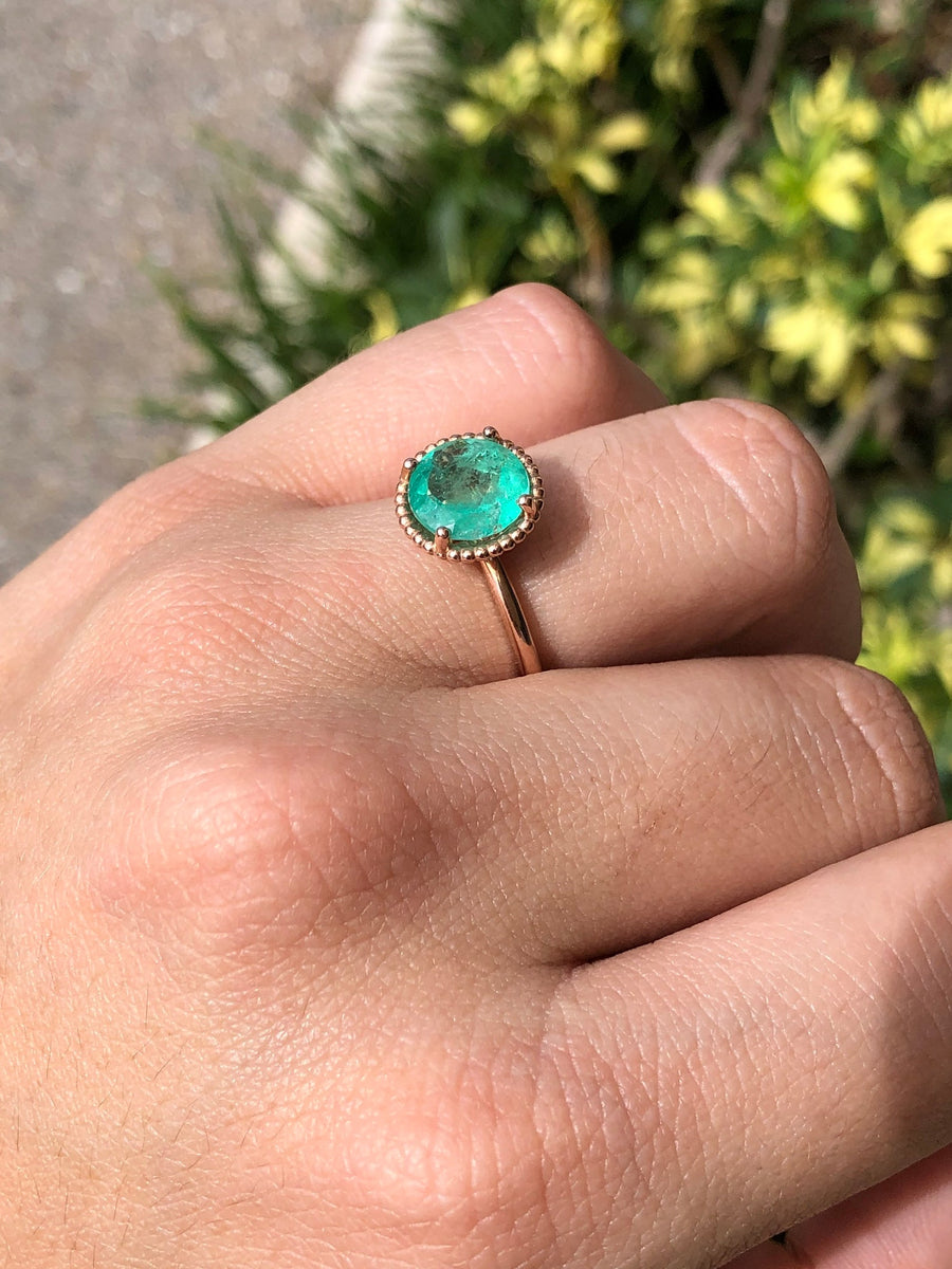 1.80cts Colombian Emerald Solitaire Beaded Ring 14K