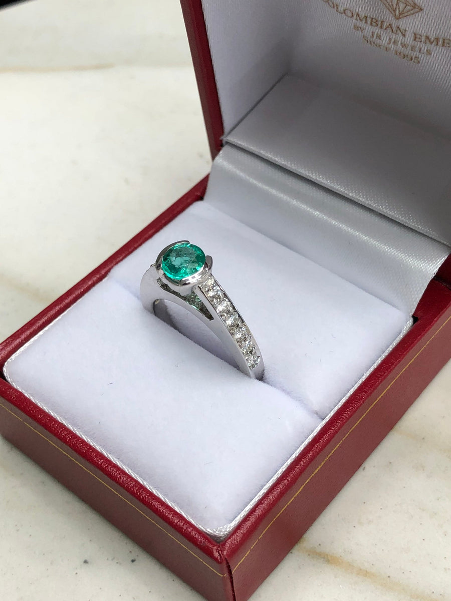 1.29tcw Emerald Round Green & Pave Diamond White Gold wedding Ring 14K gift 