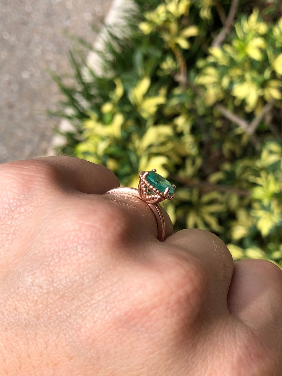 1.80cts Colombian Emerald Solitaire Beaded Ring 14K