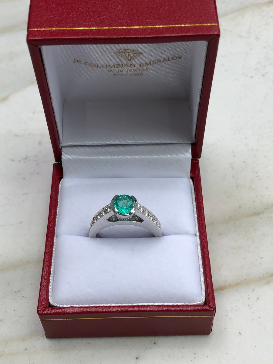 Round Emerald & Diamond White Gold Engagement Ring