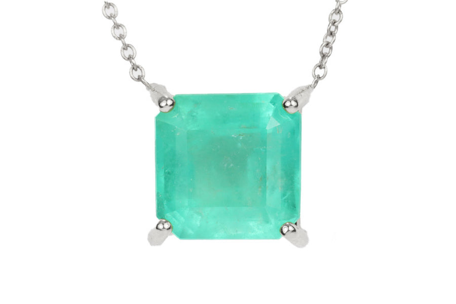 4.0 Carat Natural Earth mined Colombian Emerald Solitaire Stationary Necklace 14K