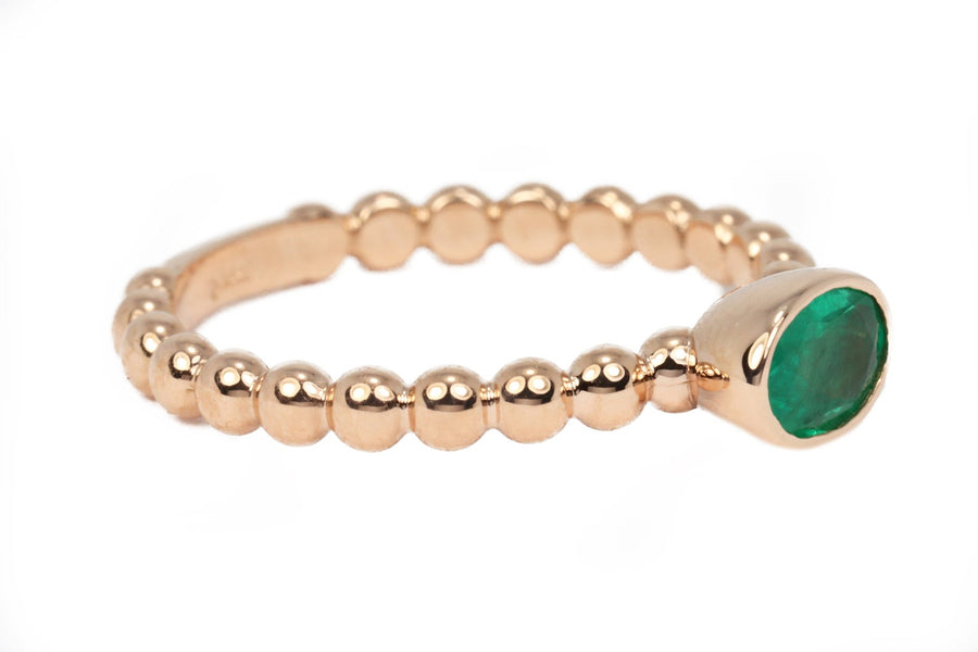 Bezel Set Oval Emerald Solitaire Beaded Ring 14K