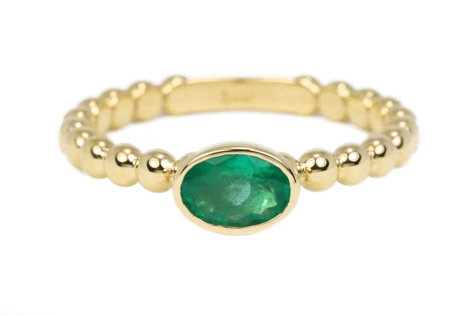 0.75cts Bezel Set Oval Emerald Solitaire Beaded Ring 14K