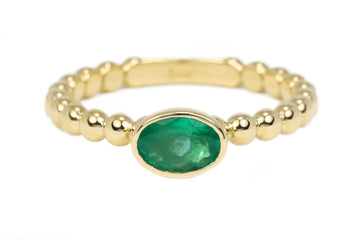 0.75cts Bezel Set Oval Emerald Solitaire Beaded Ring 14K