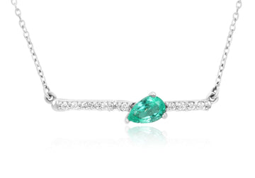 Natural Pear Cut Emerald & Accented Diamond Bar Necklace 14K