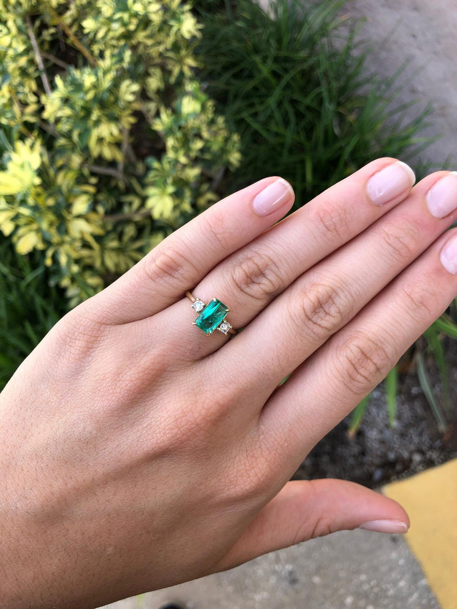 Three Stone Claw Prong Emerald Cut & Round Diamond Ring