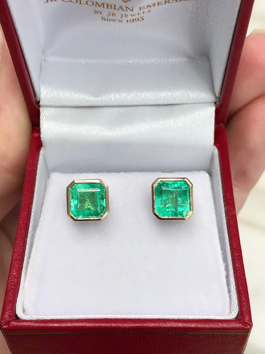 Large Statement Size 5 Carat Asscher Cut Colombian emerald Bezel Stud earrings 18K
