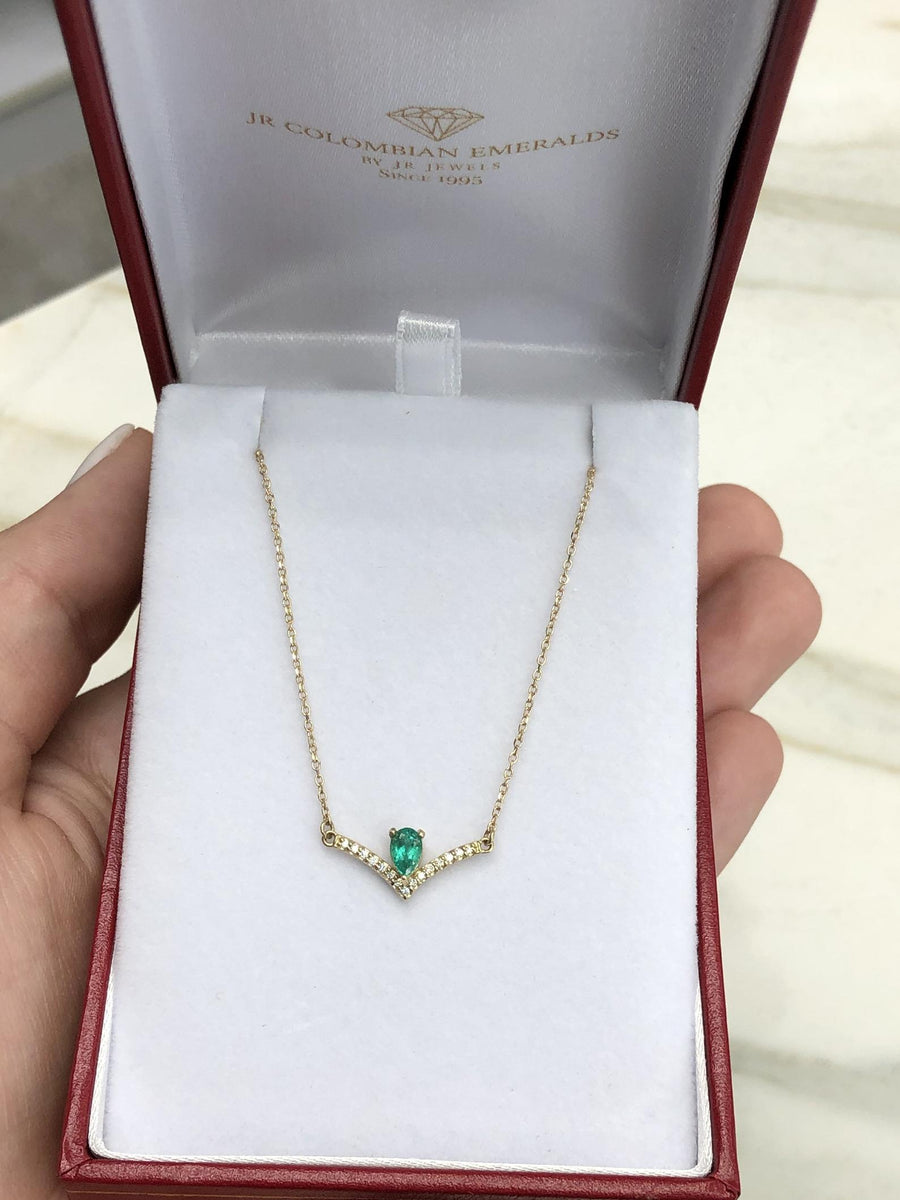 Emerald Pear & Accented Diamond V Necklace 14K Gold