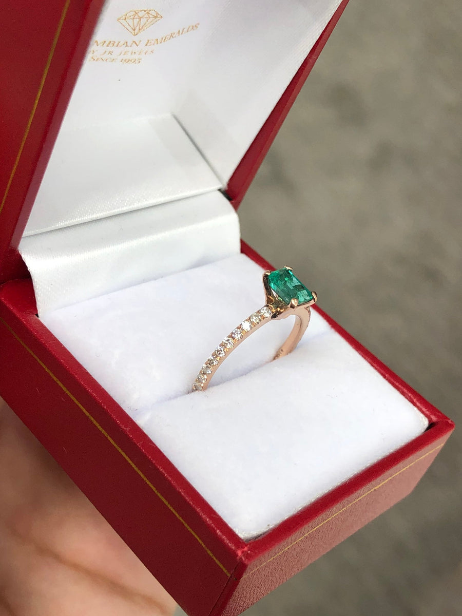 Solitaire Emerald & Diamond Accent Rose Gold Ring 14K