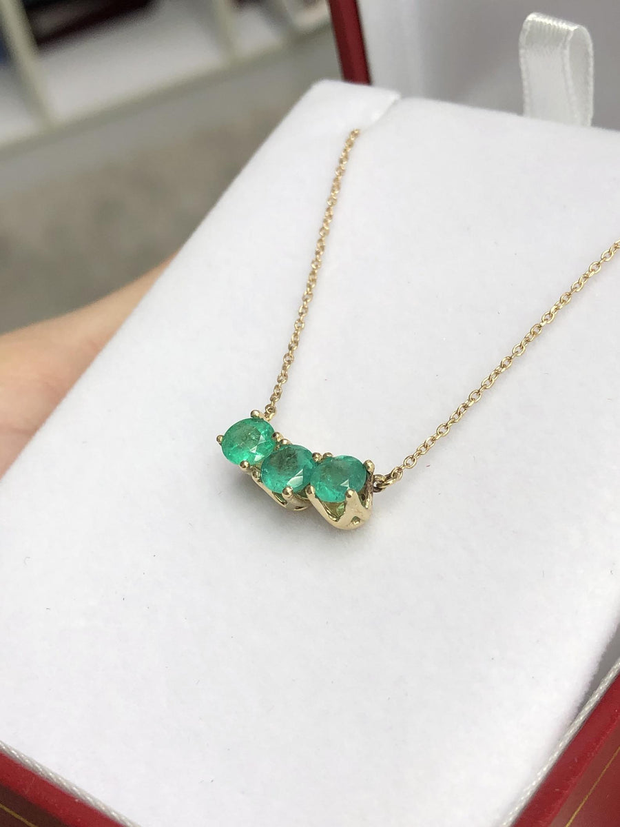1.45tcw Three Stone Round Colombian Emerald Stationary Necklace 14K