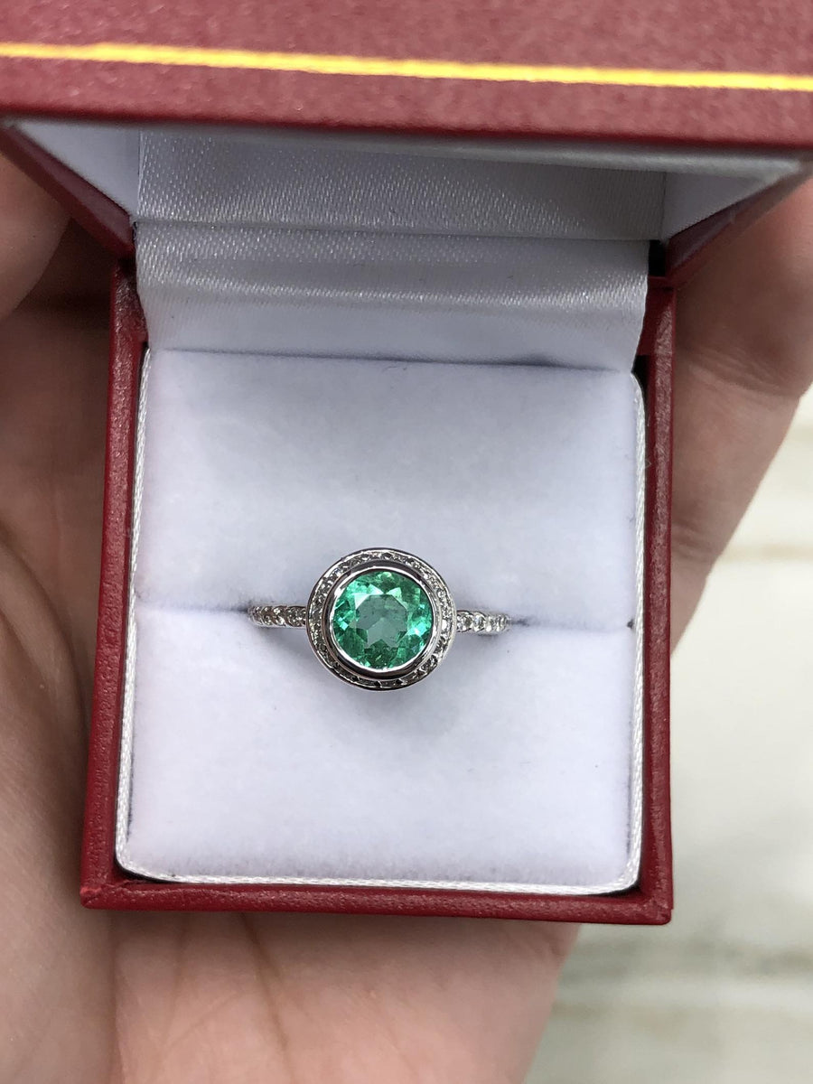 Chic and Sophisticated: Bezel Set 1.60tcw Round Emerald & Diamond Halo Ring in 14K Gold