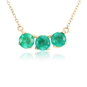 1.45tcw Three Stone Round Colombian Emerald Stationary Necklace 14K