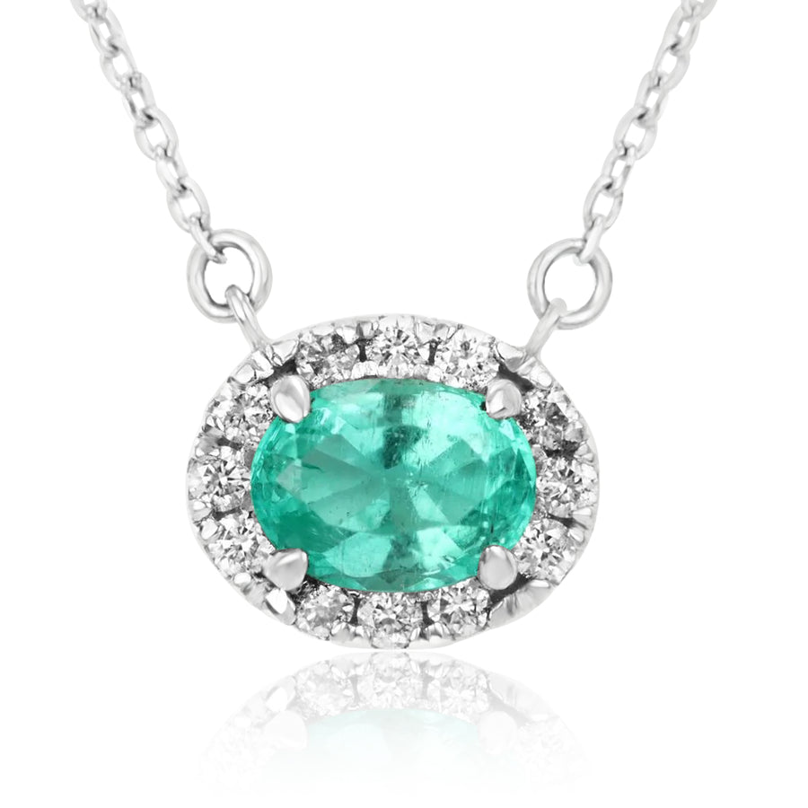 1.10tcw East to West Oval Emerald & Diamond Halo Necklace 14K