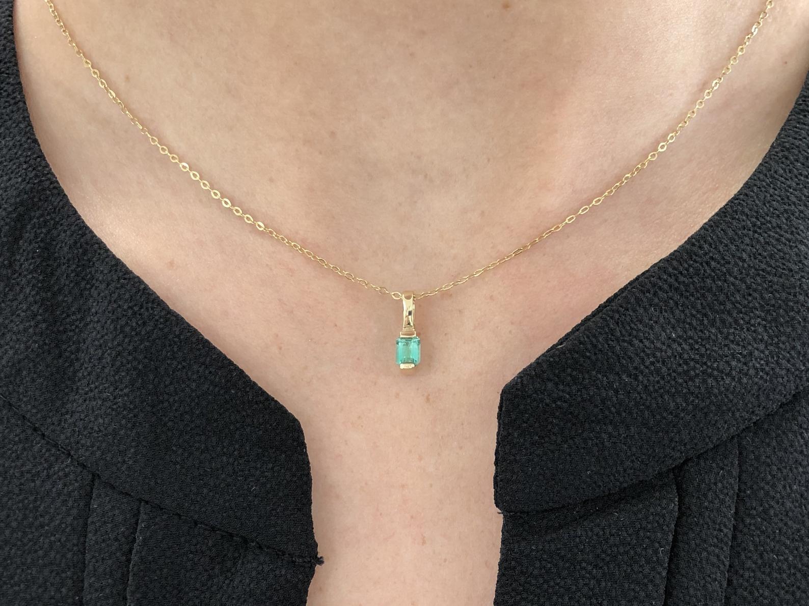 Minimalist  Colombian Emerald Half Bezel Pendant 14K Gold