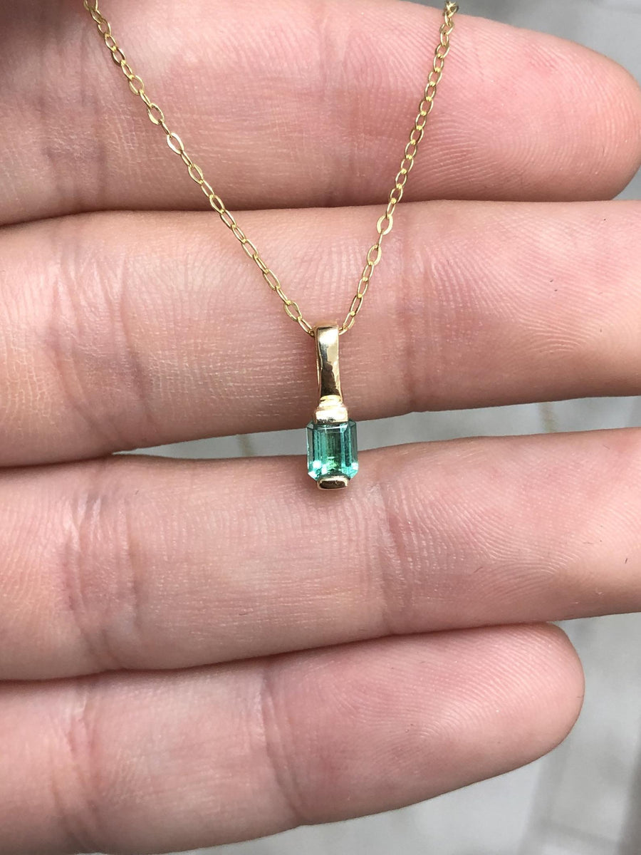 Dainty Colombian Emerald Half Bezel Pendant 14K Gold