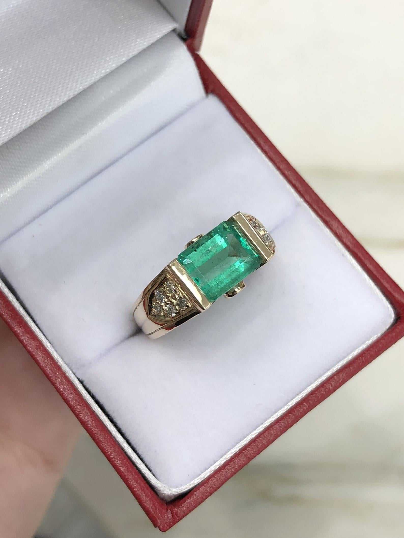 2.60tcw Tension Set East to West Vivid Emerald Ring with Diamond Accents 14K Right Hand Jewelry