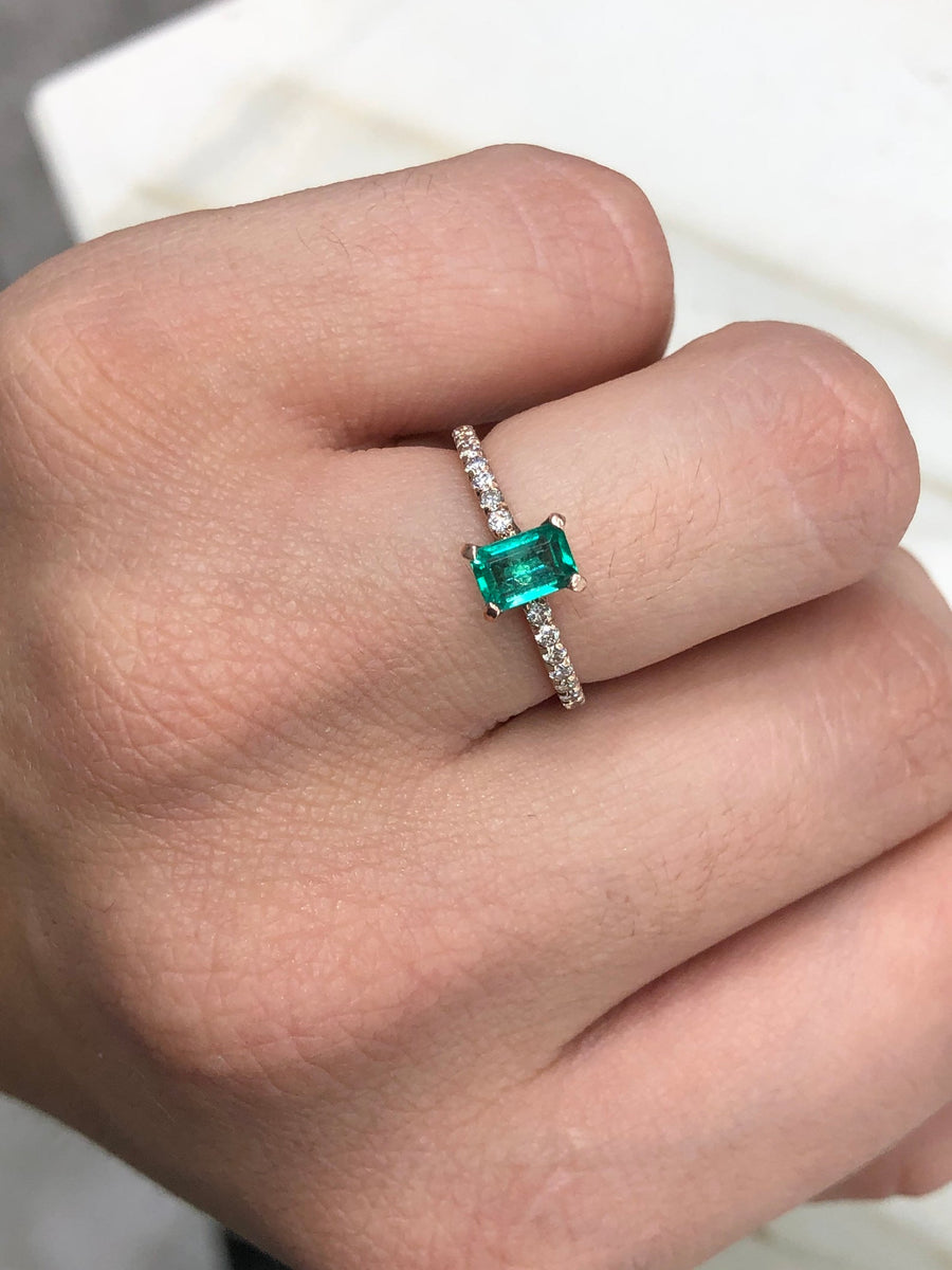 1.10tcw Solitaire Accent Vivid Green Emerald Emerald Cut  & Diamond Rose Gold Ring on hand