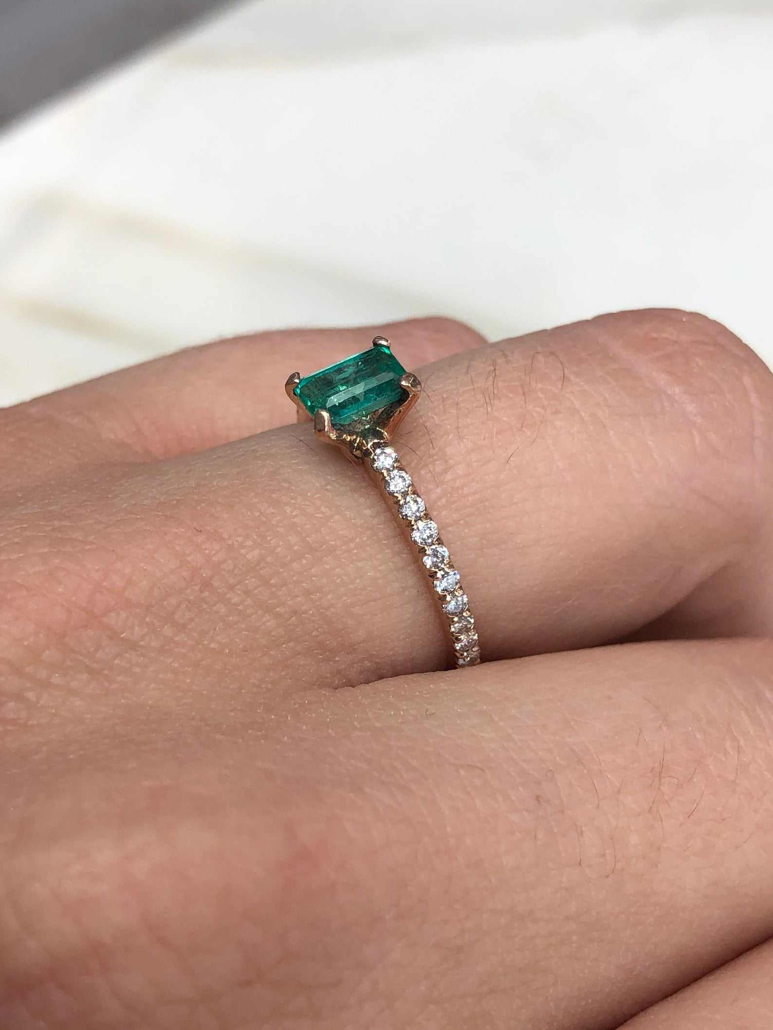 Exquisite Beauty: 1.10tcw Dainty Solitaire Emerald & Diamond Accent Rose Gold Ring - Elegant 14K Setting