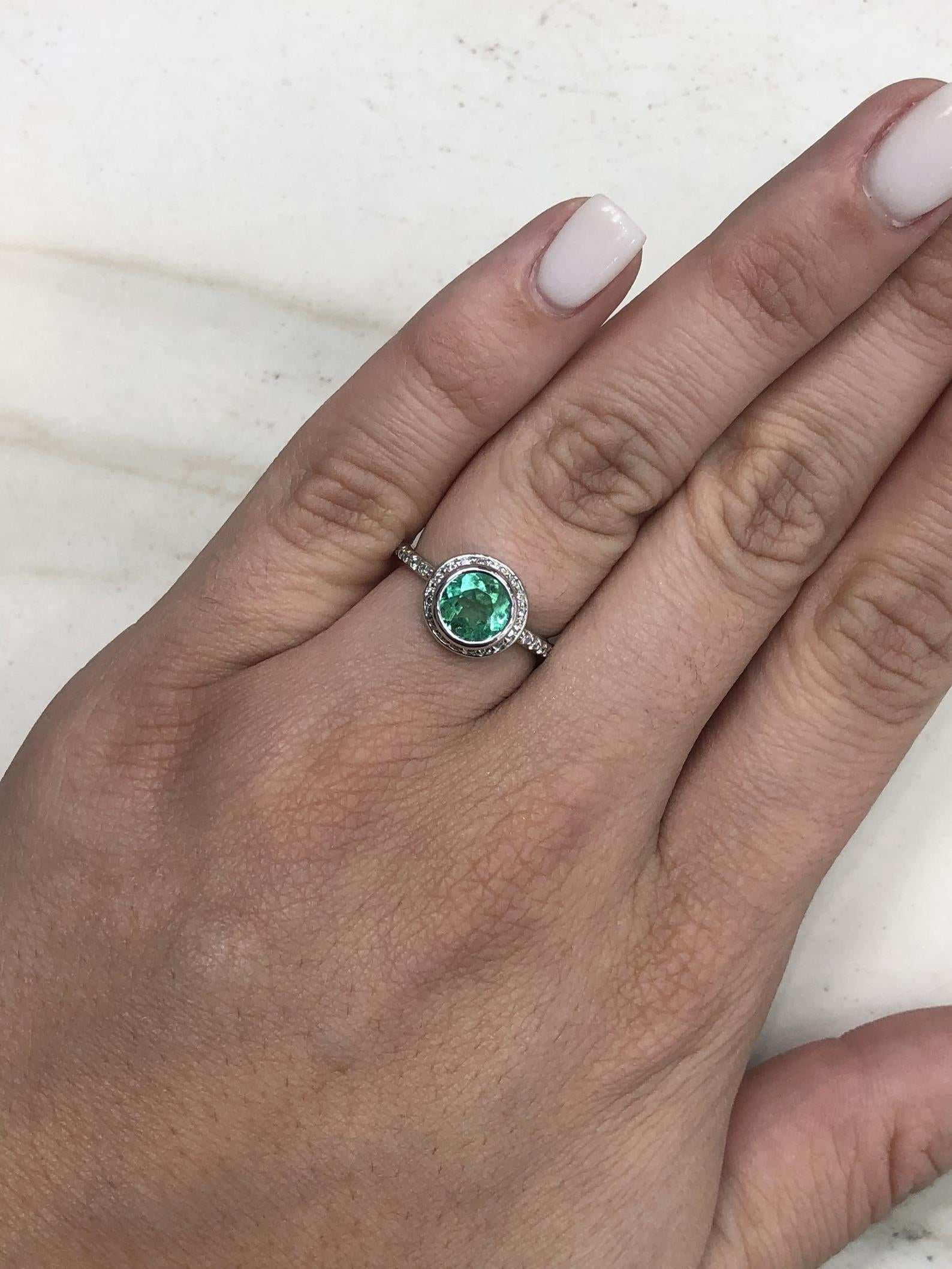 Eternal Radiance: 14K Gold Ring with 1.60tcw Bezel Set Round Emerald & Diamond Halo - A Timeless Beauty