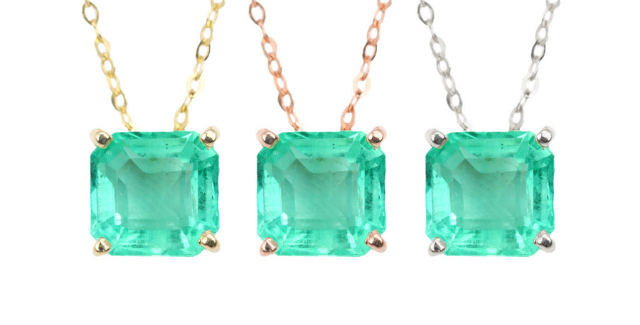 2.0 Carat 14K Solitaire Square Colombian Emerald  Necklace
