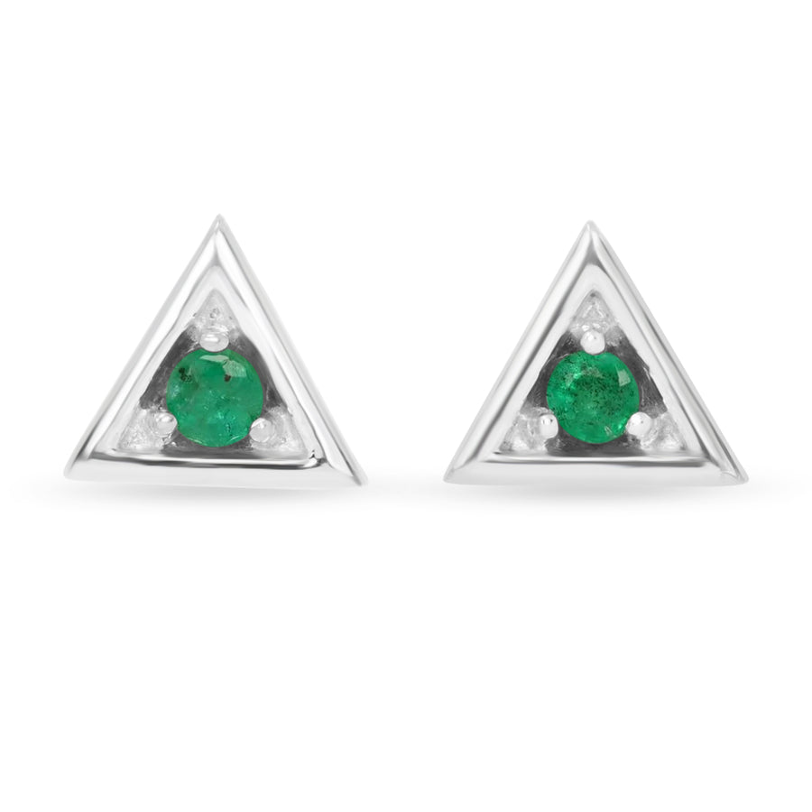 Triangle Shape Round Emerald Stud Silver Earrings Round Brilliant Cut