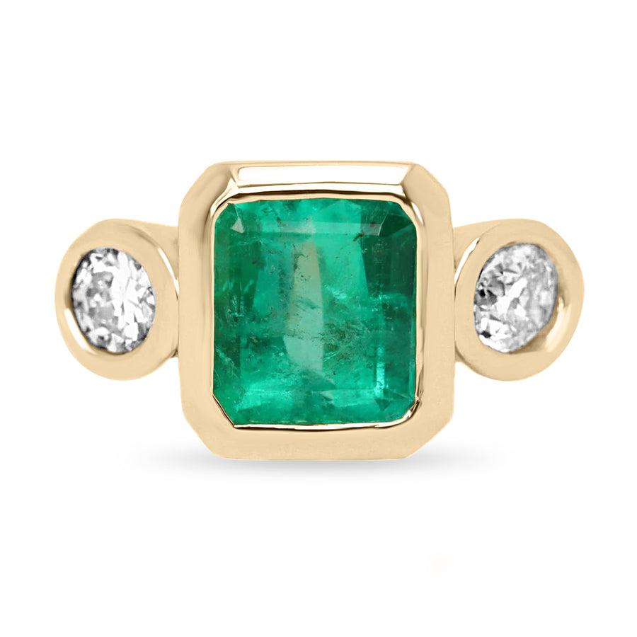 3.25tcw Three Stone Thick Bezel Set Emerald & Diamond Ring 14K