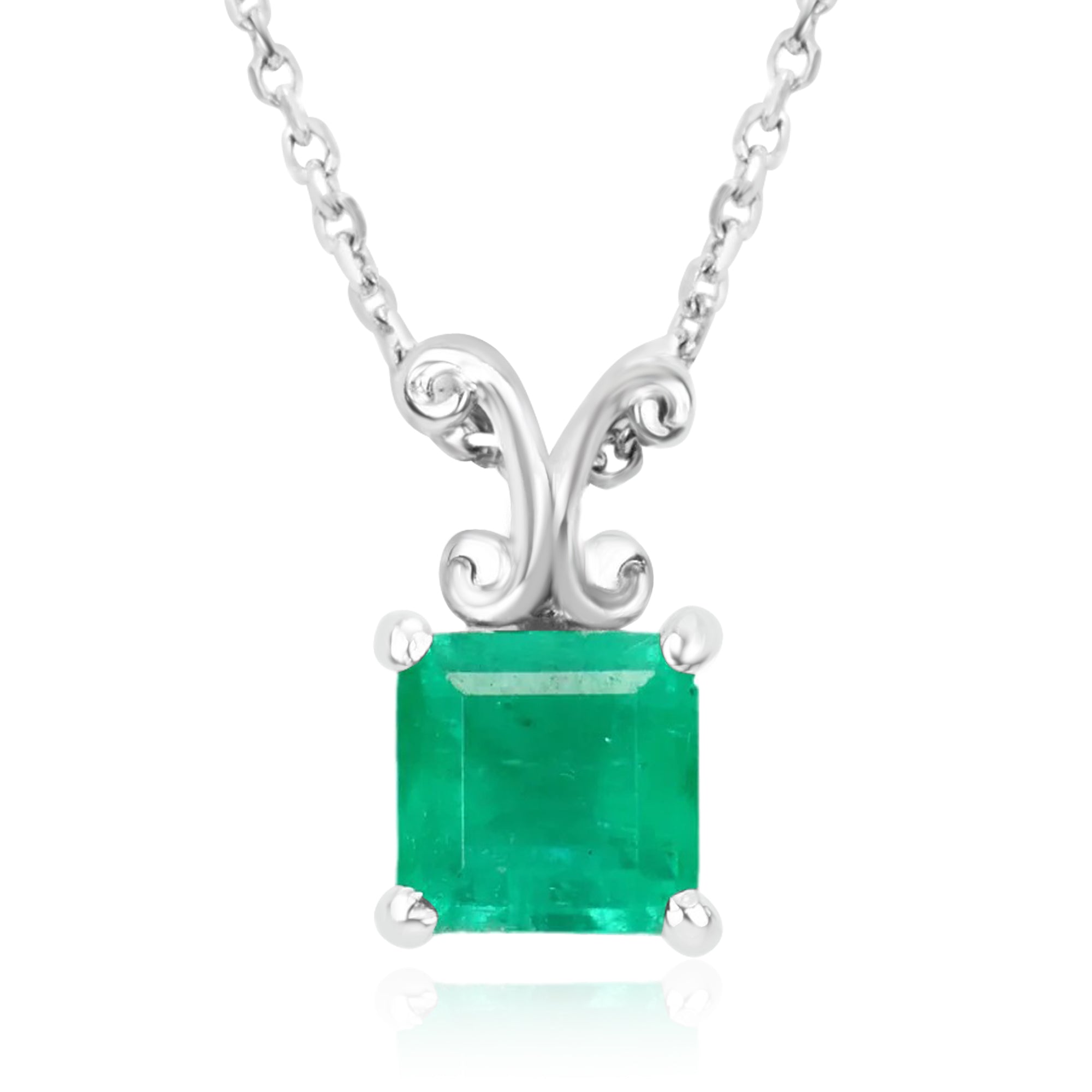 0.90 Carat Asscher Emerald Carved Scroll Solitaire Pendant Chain Gold 14K