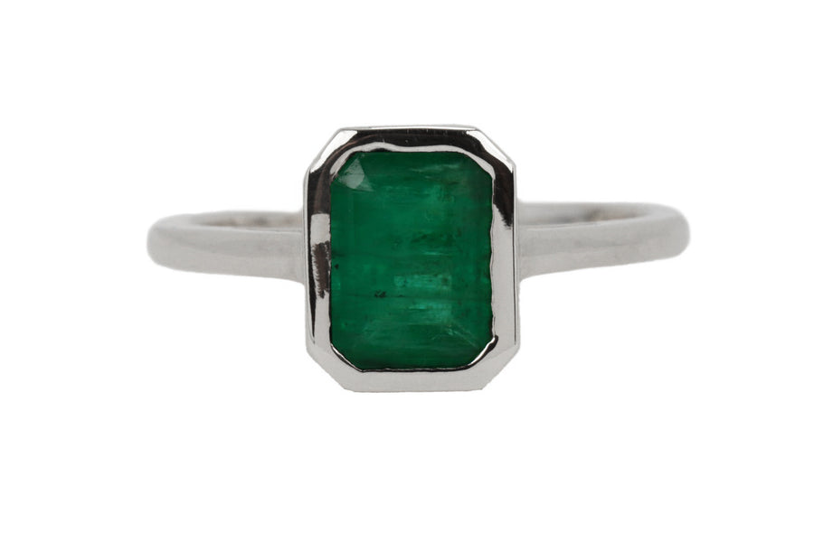 1.10 Carat Bezel Set Dark Green Emerald Cut Emerald Stackable Ring 14K White Gold