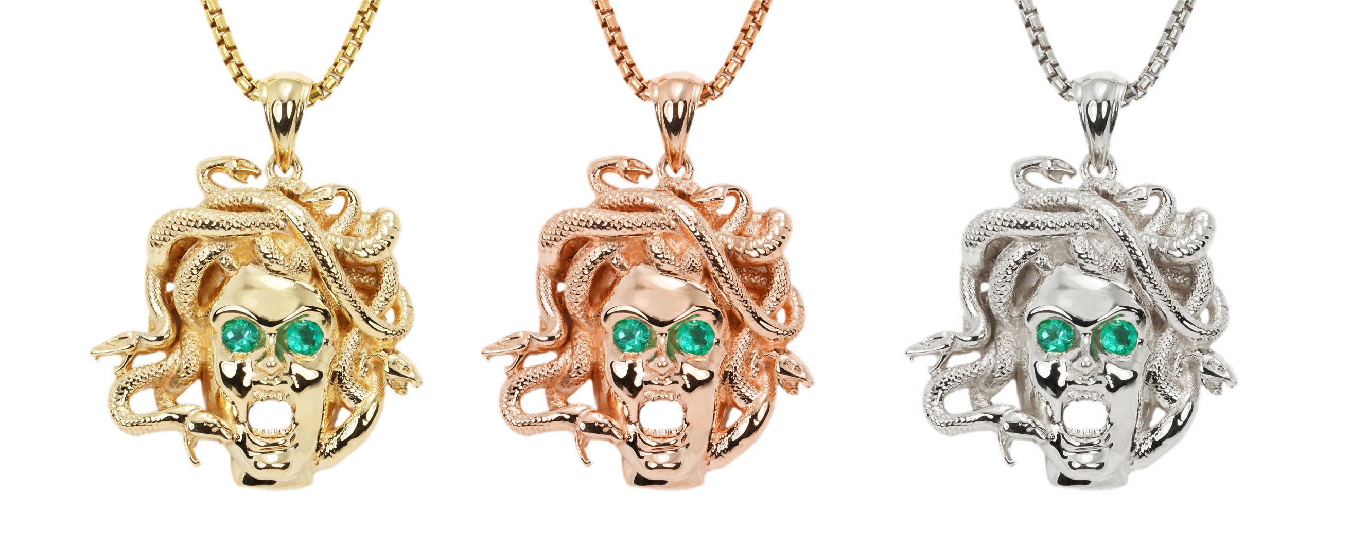 Gold Emerald Medusa Sneak Head Pendant 14K Yellow Gold