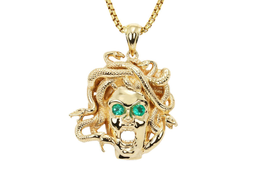 Solid Gold Emerald Medusa Sneak Head Pendant 14K Yellow Gold