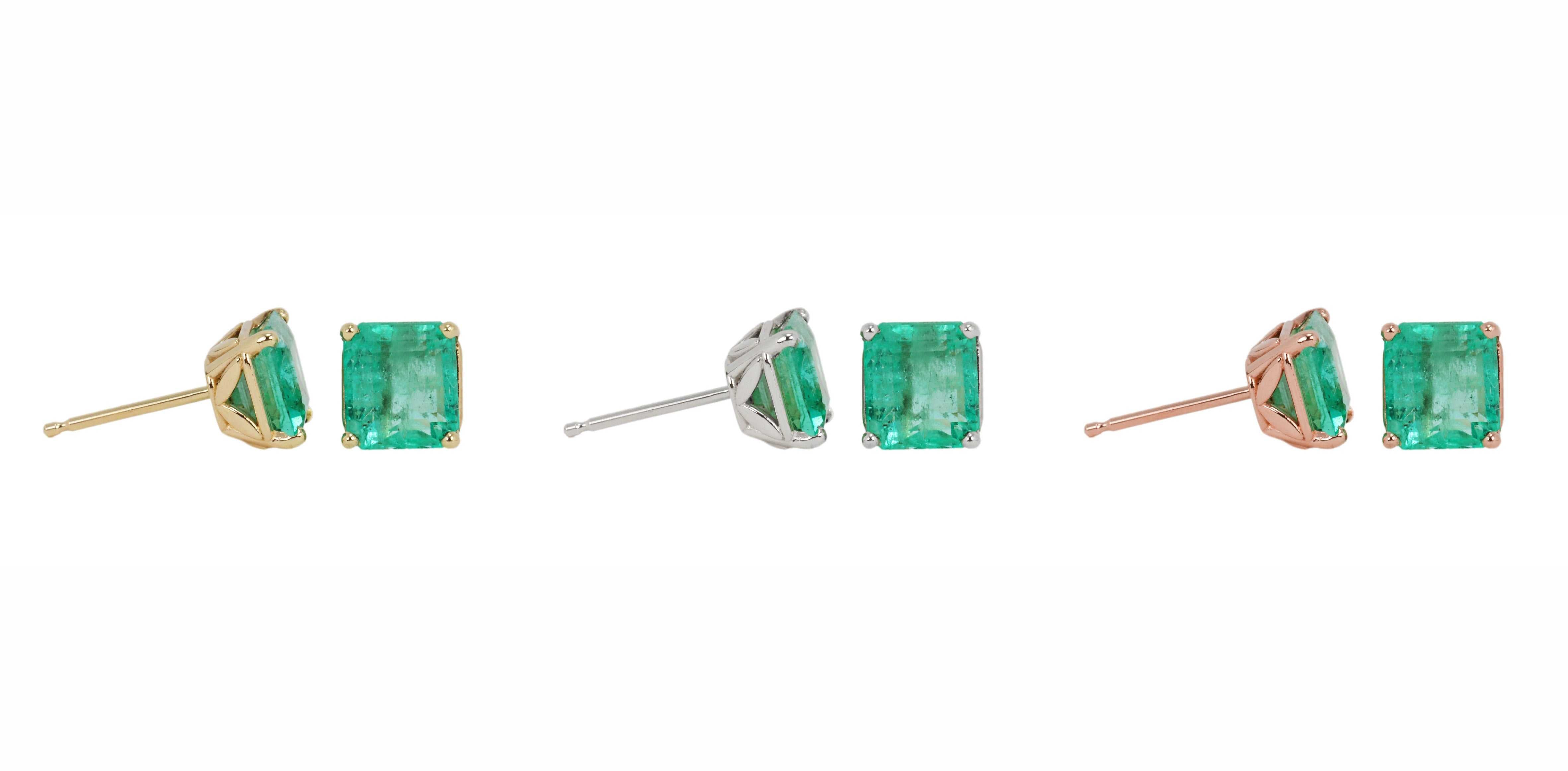 2.17tcw Gorgeous Colombian Emerald Square Asscher Cut Floral Stud Earrings 14K - JR Colombian Emeralds