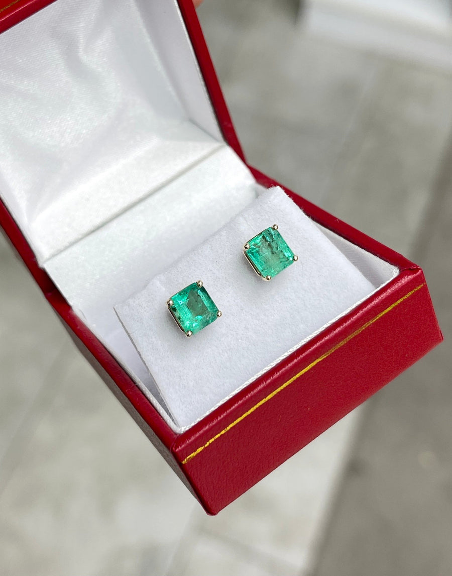 2.17tcw Emerald Green Asscher shape Colombian Emerald Square Cut Floral Stud Earrings 14K