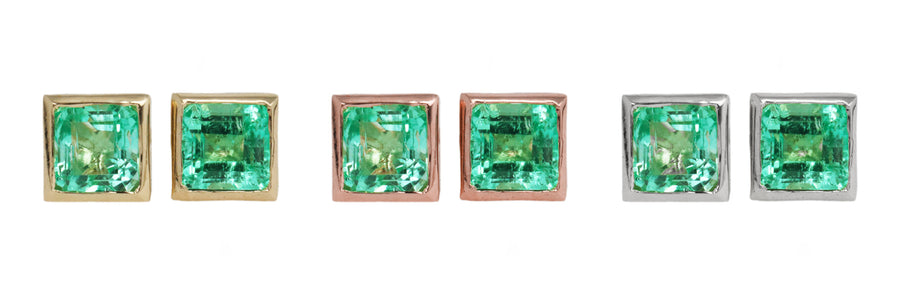 Princess Cut Natural Emerald Bezel Set Stud Earrings 14K