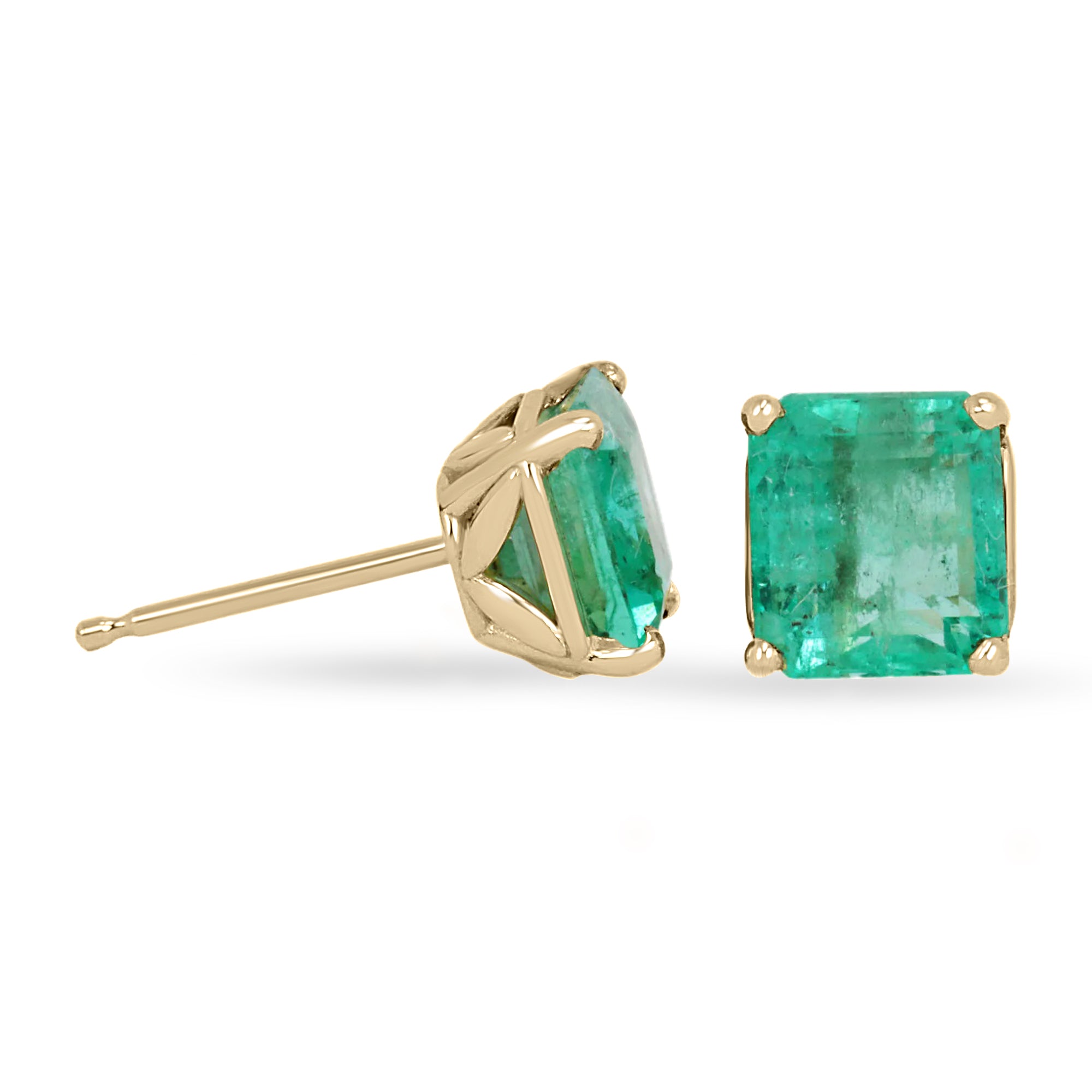 2.17tcw Gorgeous Colombian Emerald Square Asscher Cut Floral Stud Earrings 14K - JR Colombian Emeralds