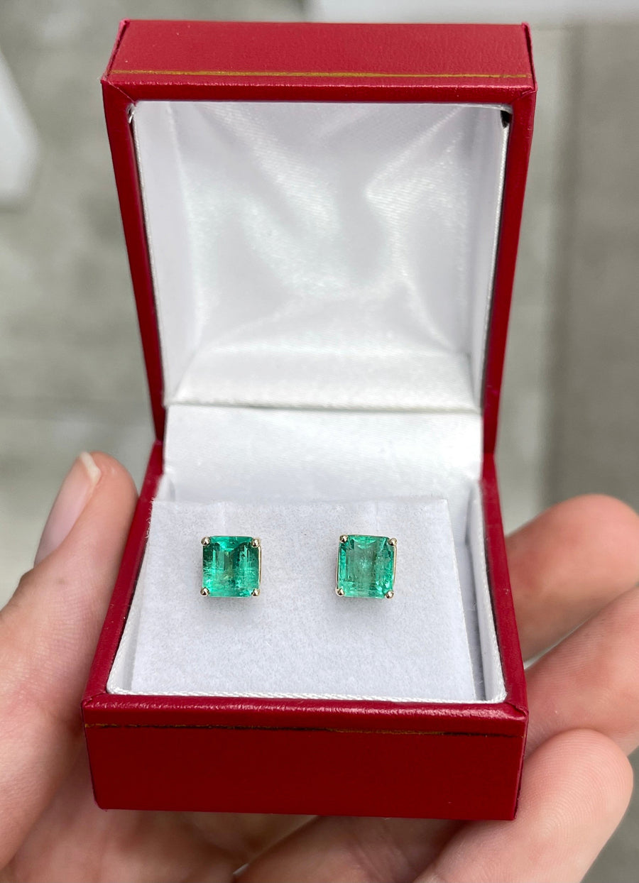 2.17tcw Stunning Colombian Emerald Square Cut Floral Stud solid real gold 14K