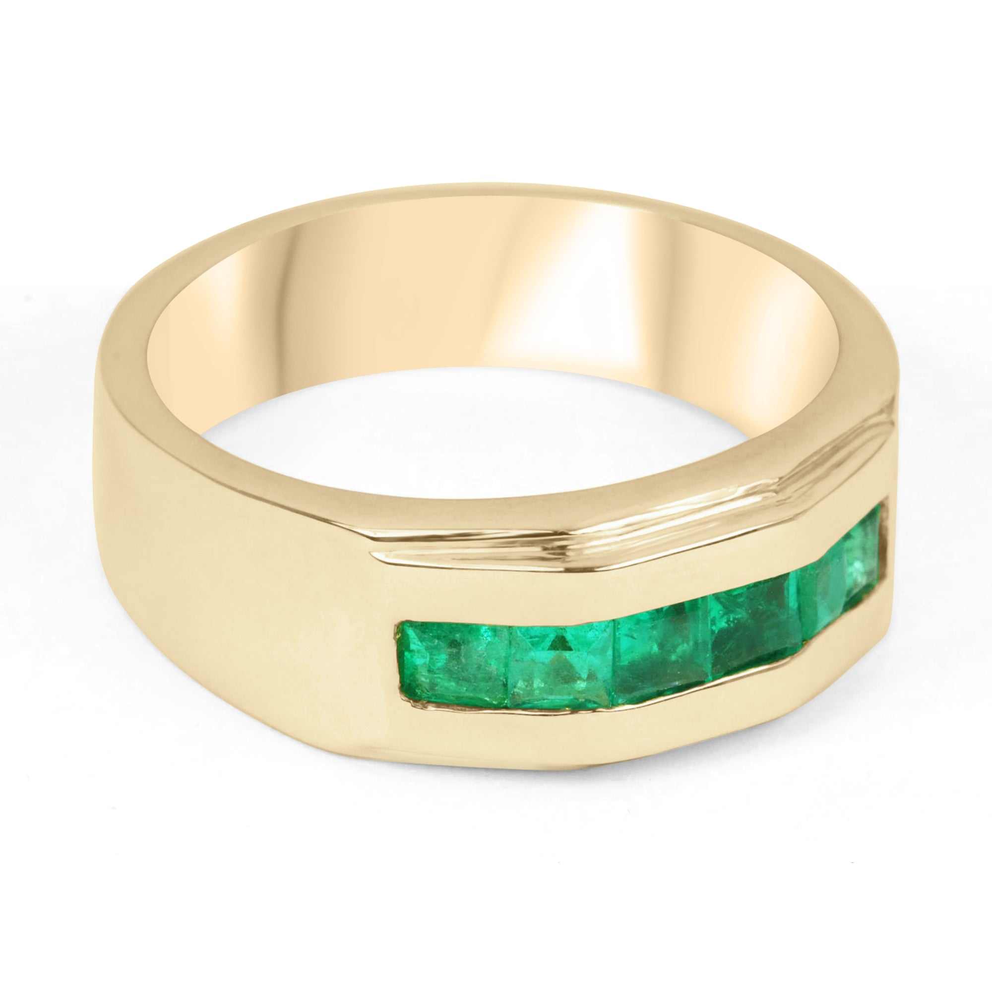 1.50tcw Channel Set Men's Emerald Wedding Band Yellow Gold 14K - JR Colombian Emeralds