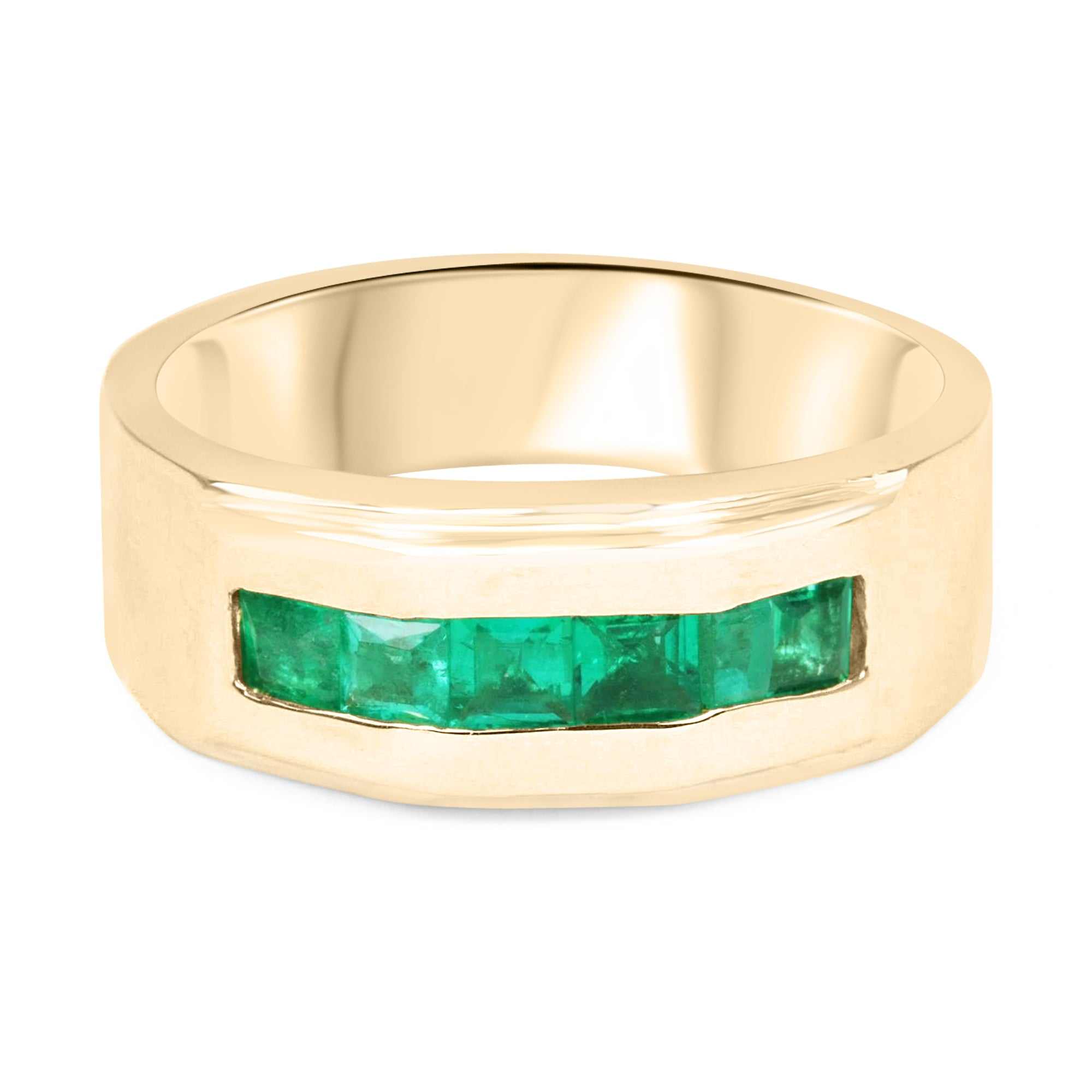 1.50tcw Channel Set Men's Emerald Wedding Band Yellow Gold 14K - JR Colombian Emeralds