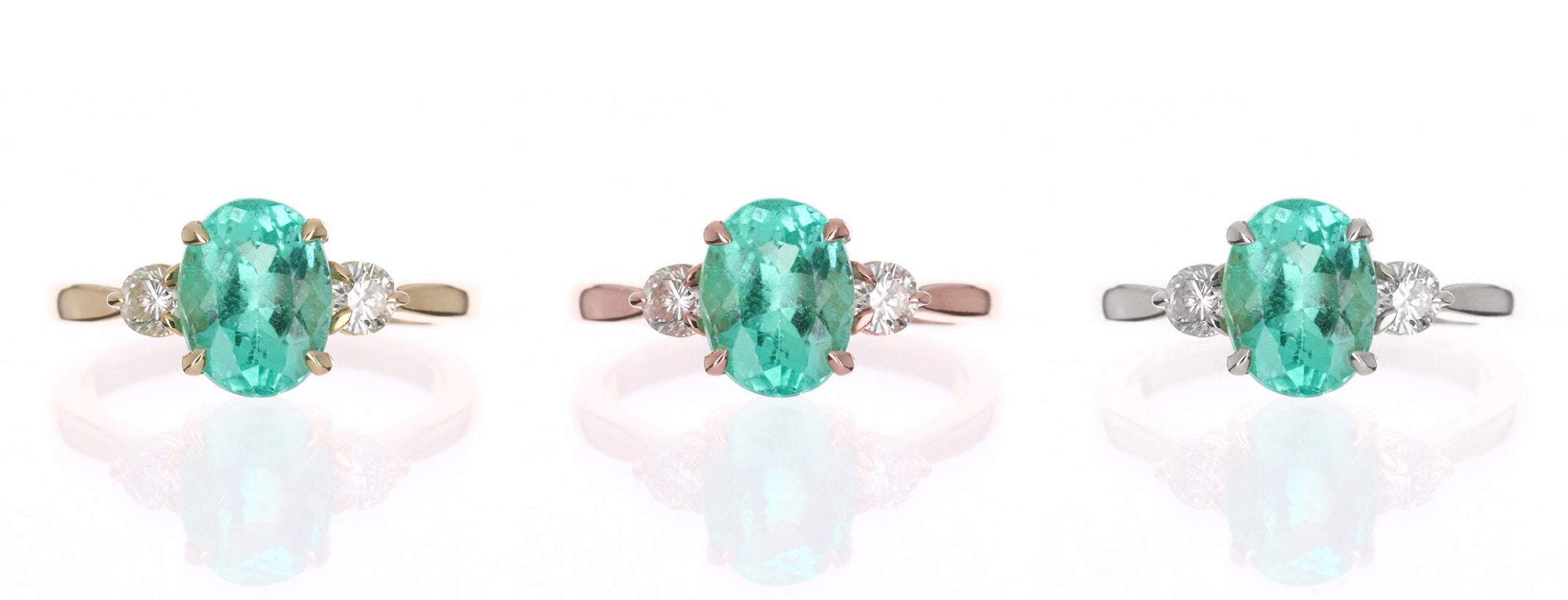 2.55tcw Three Stone Oval Green Emerald & Diamond Classic Prong Ring 14K