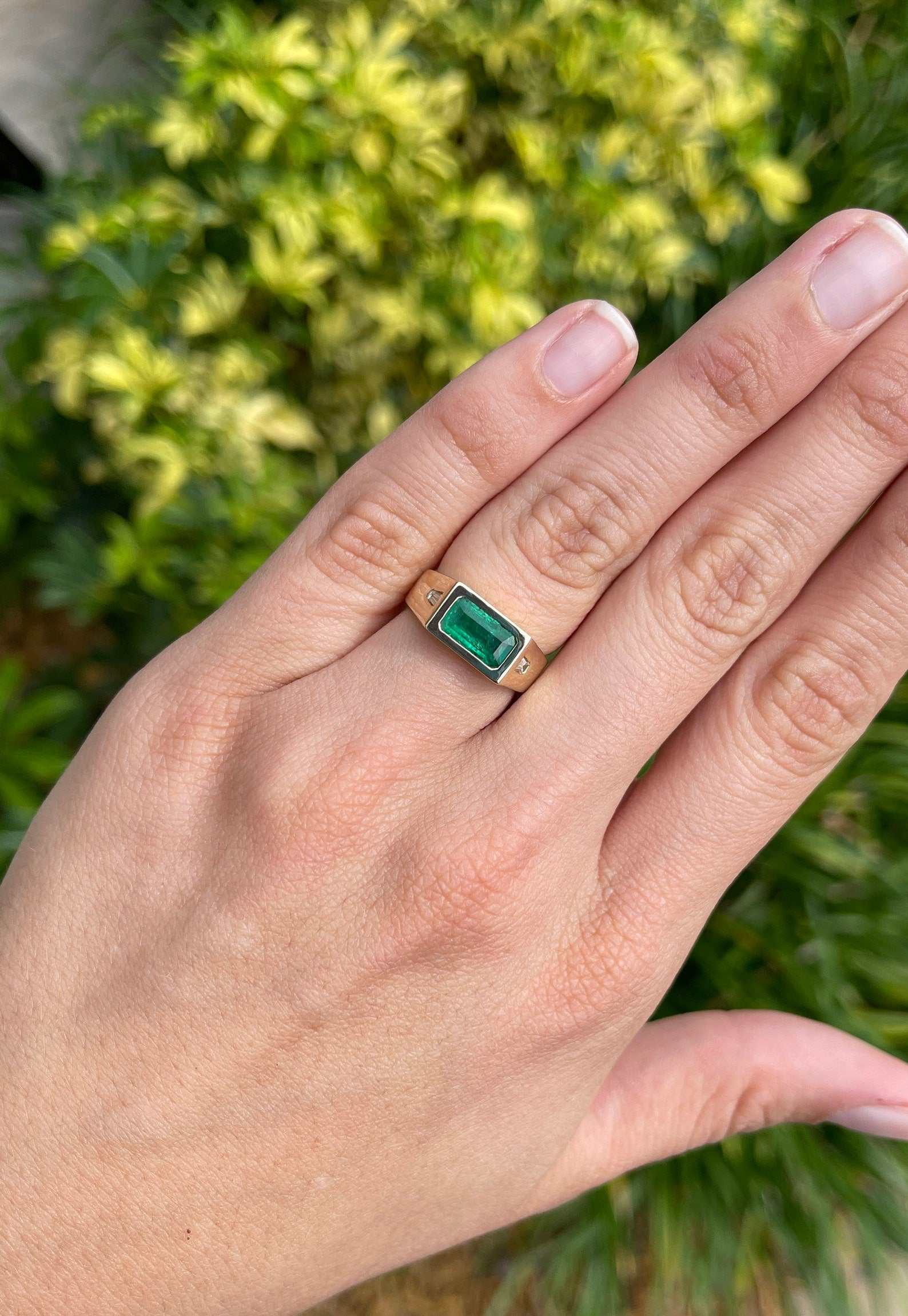 2.0tcw Three Stone Emerald & Tapered Baguette Diamond Gypsy Ring 14K - JR Colombian Emeralds