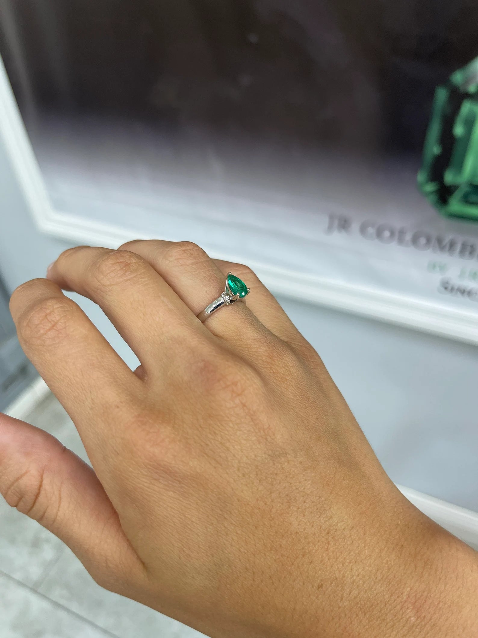 1.10tcw Pear Colombian Emerald, Diamond, & Sapphire Accent Ring 14K - JR Colombian Emeralds