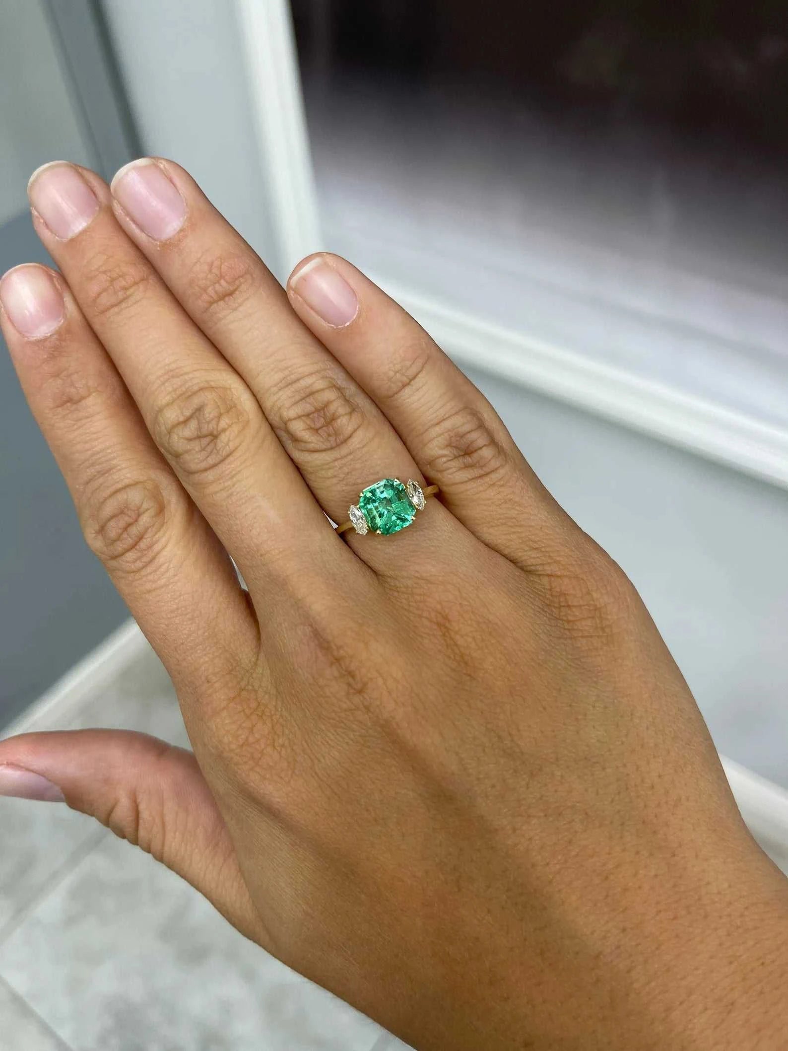 2.96tcw 18K Three Stone Asscher Emerald & Marquise Diamond Ring - JR Colombian Emeralds