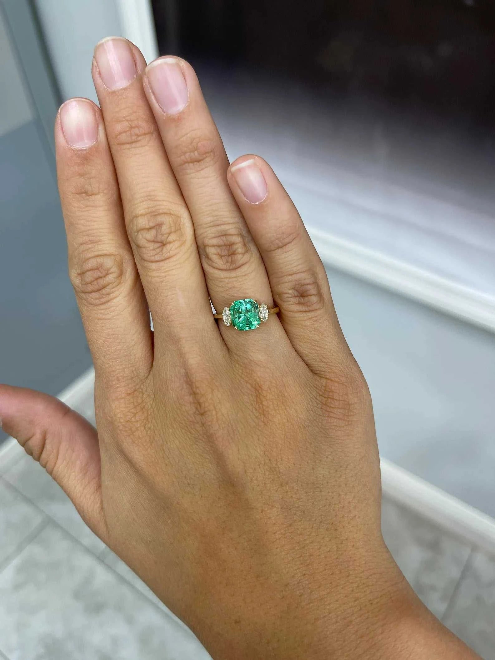 2.96tcw 18K Three Stone Asscher Emerald & Marquise Diamond Ring - JR Colombian Emeralds