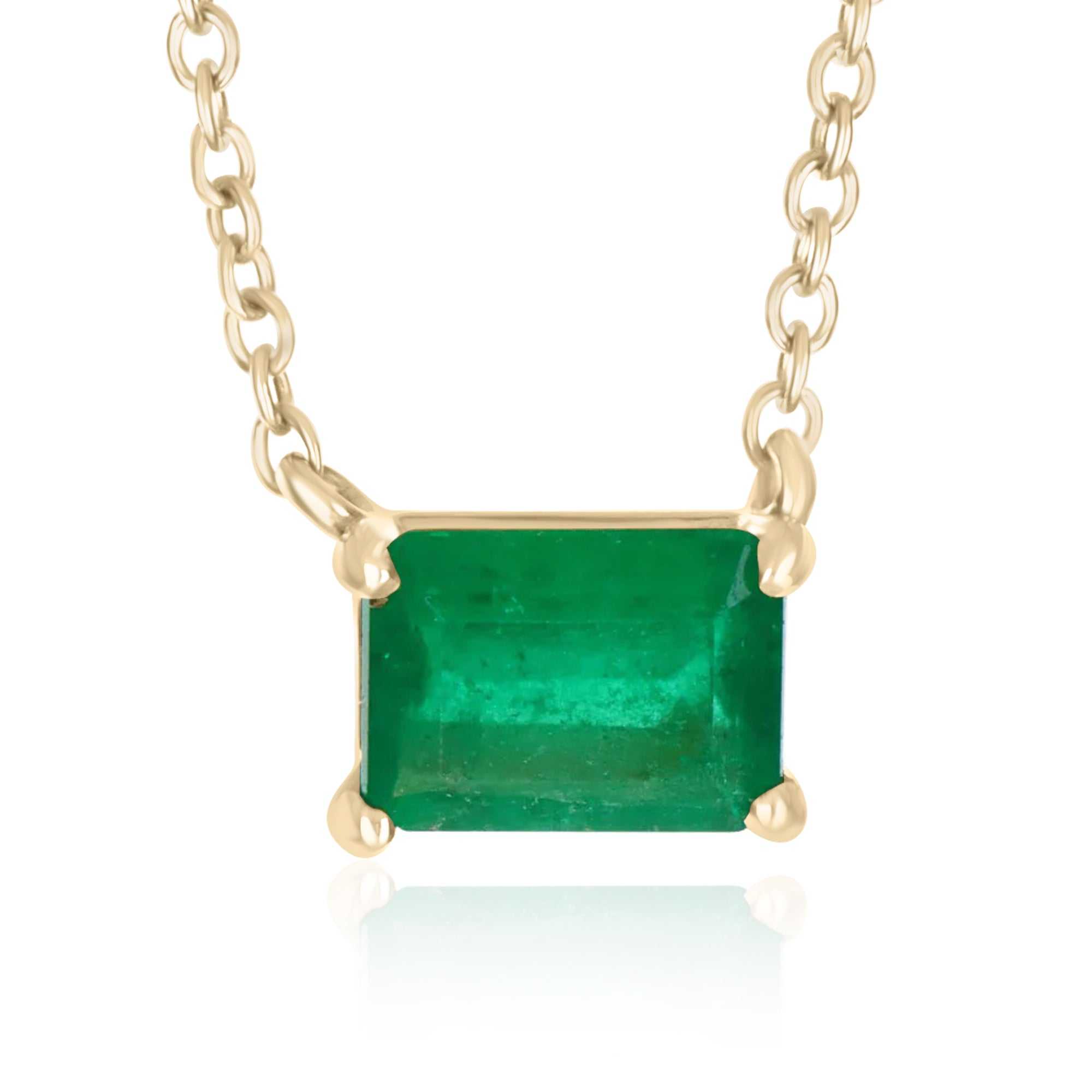 1.10ct Medium Rare Dark Green Emerald Cut East to West 4 Prong Necklace 14K - JR Colombian Emeralds