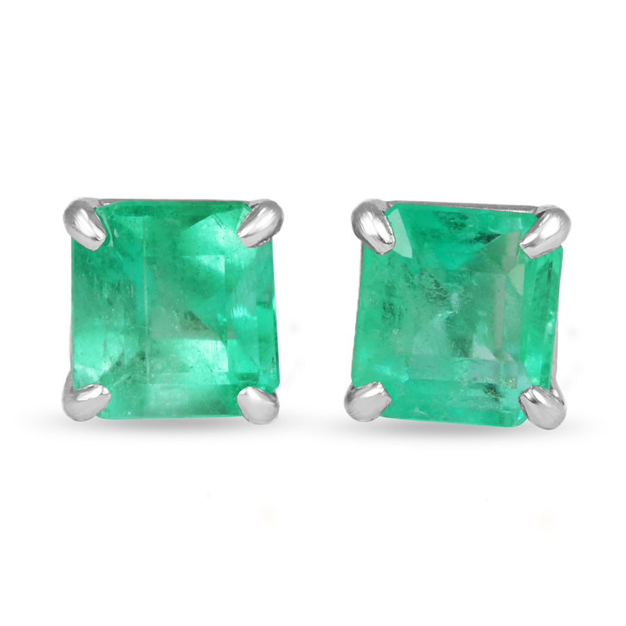 2.38tcw Bluish Green Genuine Real Square Emerald Hand Made Studs White Gold 14K