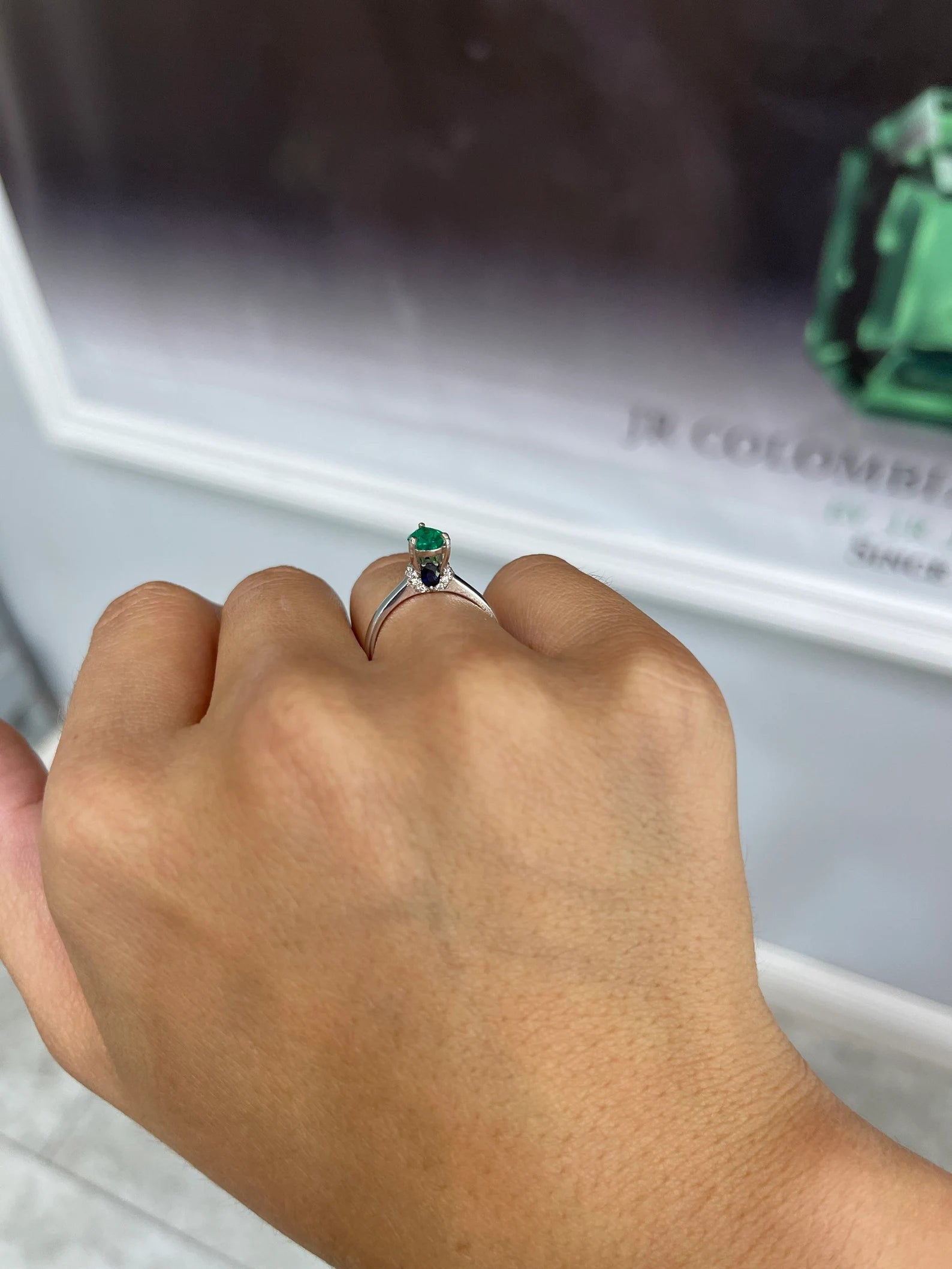 1.10tcw Pear Colombian Emerald, Diamond, & Sapphire Accent Ring 14K - JR Colombian Emeralds