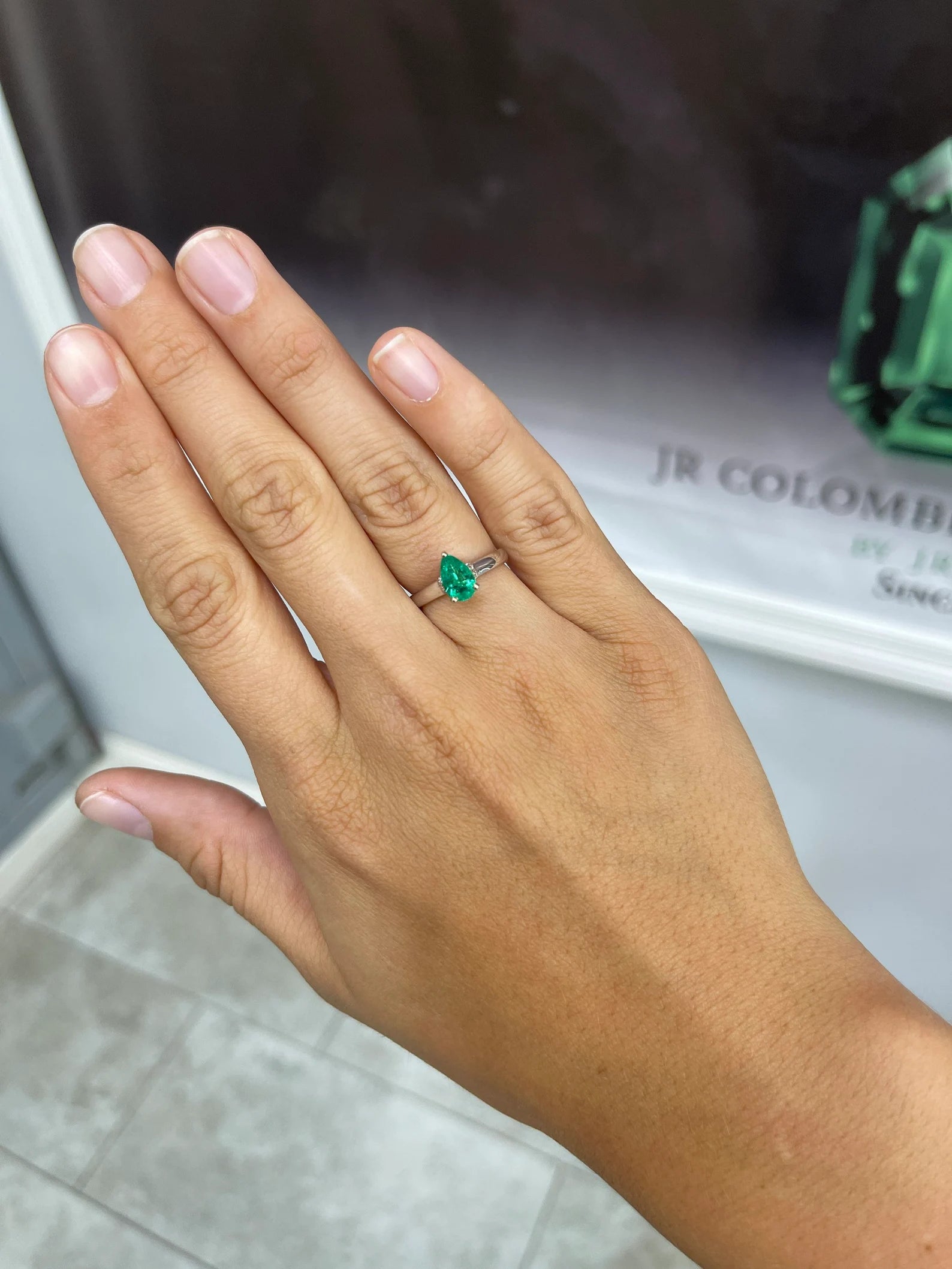 1.10tcw Pear Colombian Emerald, Diamond, & Sapphire Accent Ring 14K - JR Colombian Emeralds