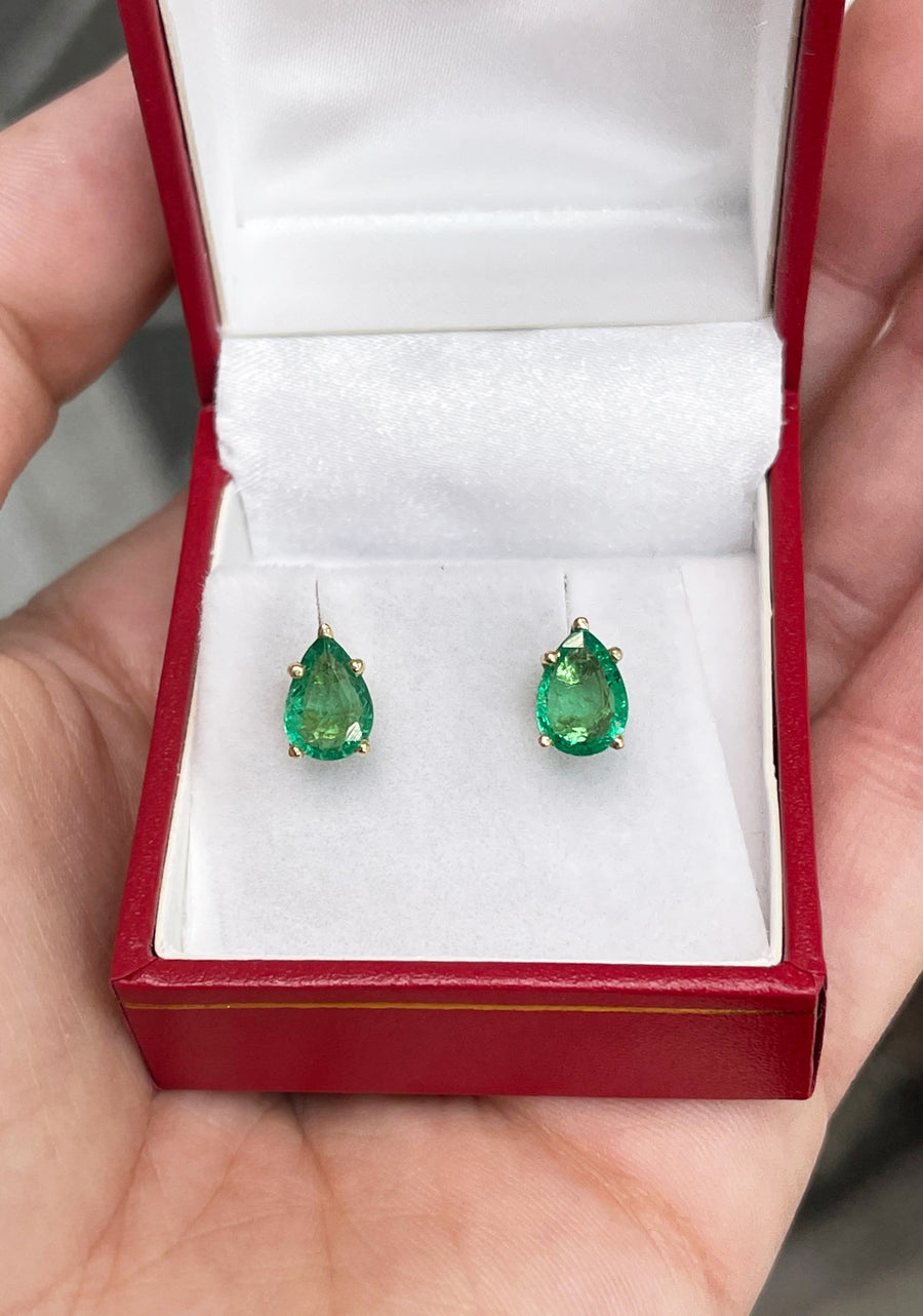 2.08tcw Natural Pear Cut Emerald Rich Green Stud Earrings