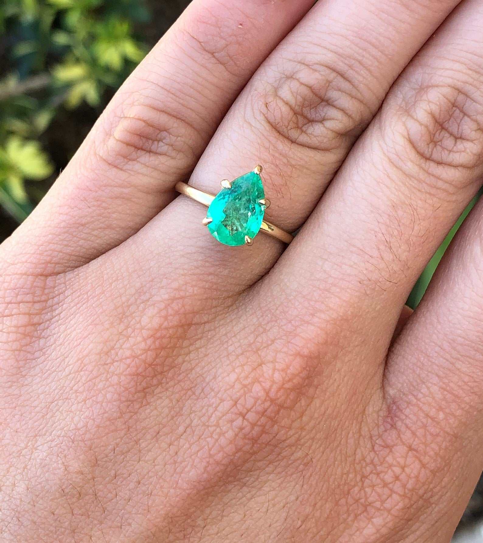 Classic 2.24 Carats 5 Prong Pear Emerald Solitaire Engagement Ring Gold 14K - JR Colombian Emeralds