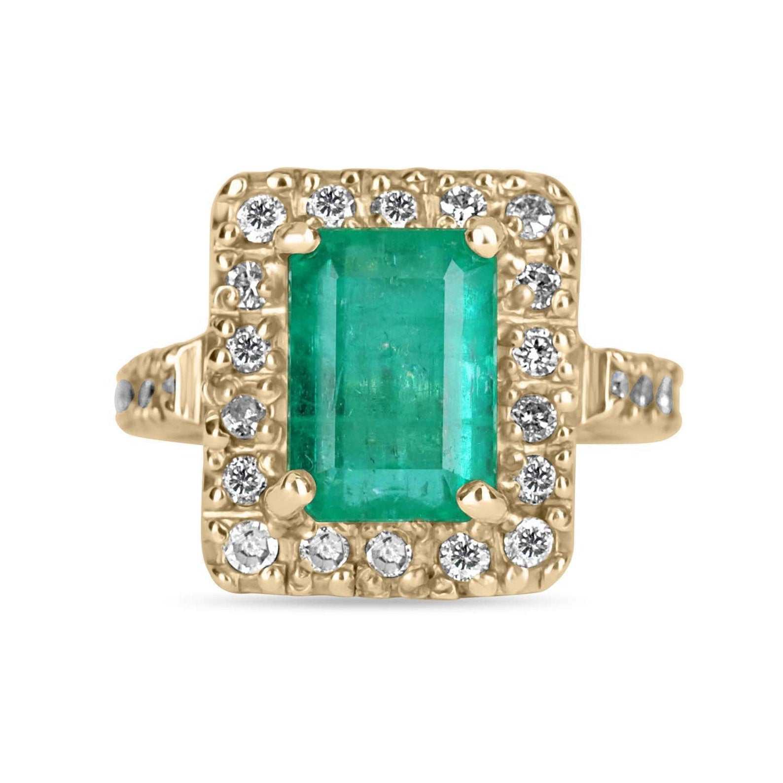 3.66tcw Vintage Handmade Rich Sea Green Emerald & Diamond Halo Halo with Accent Ring - JR Colombian Emeralds