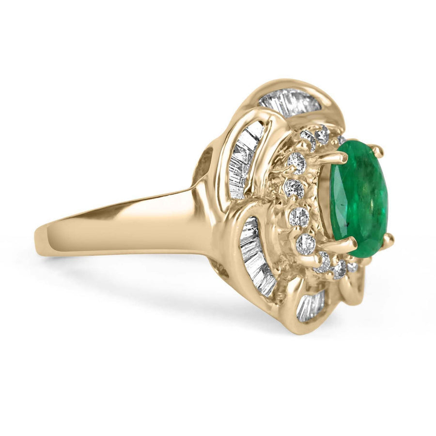 Nature Style 2.50tcw Oval Emerald & Baguette Diamond Floral Ring 14K